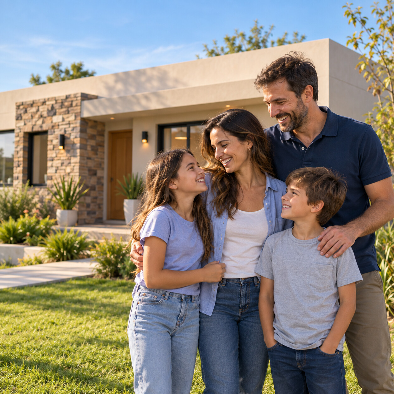 Imagen ilustrativa de una familia compartiendo un momento frente a una vivienda moderna de una planta.